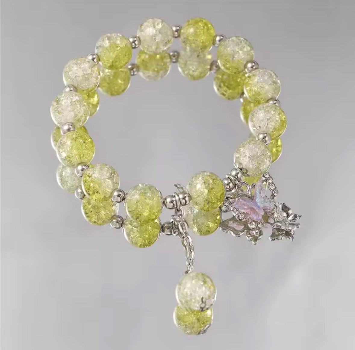 Clear Crystal Bracelet with Gemstone Beads, Butterfly & Heart Charms