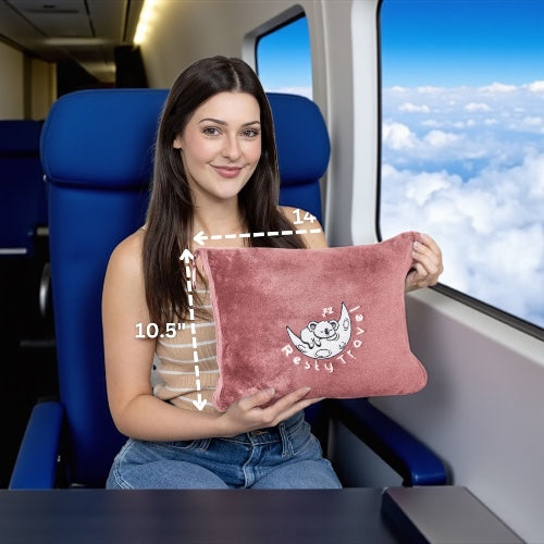 Pink Compact Travel Blanket with Bag – Lightweight Airplane Blanket & Pillow Combo – Portable with Carabiner for Plane, Train, or Car