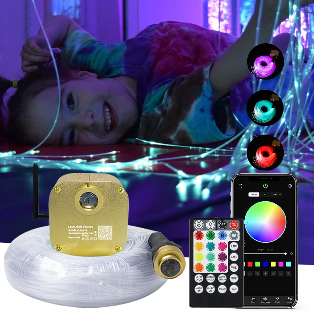 AKEPO Fiber Optic Sensory Lights for Sensory Room Autism Children, 16W Twinkle RGBW+Bluetooth App Control+Music Activated Fiber Optical Light Engine with 9.8ft/3m 50pcs (3x0.75mm) Flash Point Cable