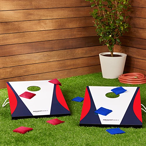 Amazon Basics Cornhole Set with 2 Boards, 8 Bean Bags, and Travel Carry Case, Blue/Red