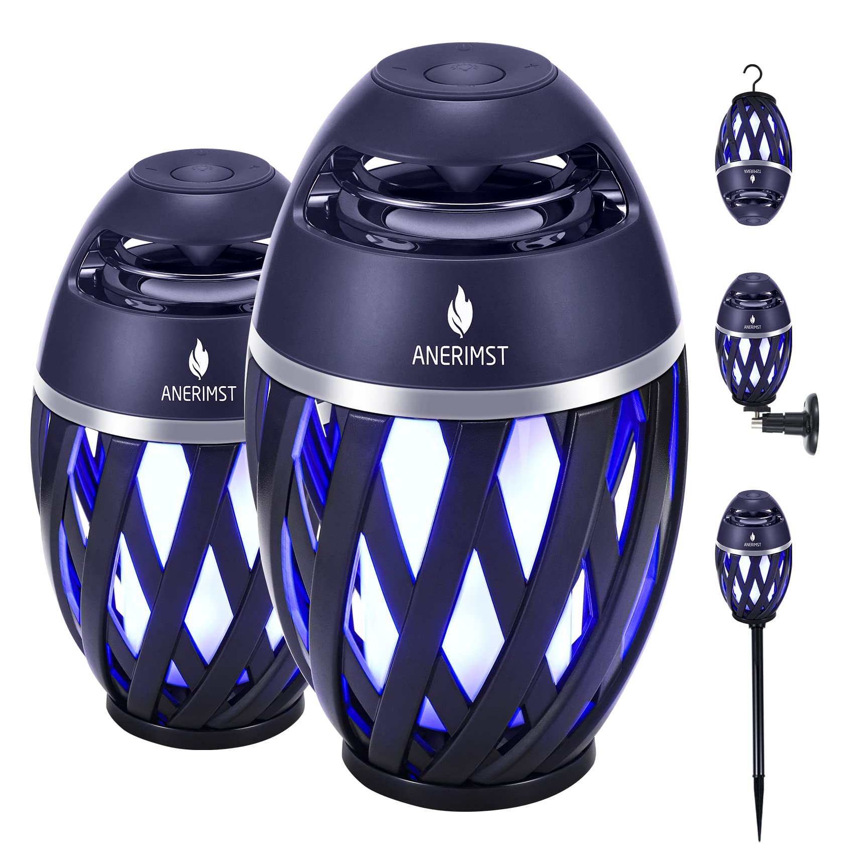 ANERIMST Outdoor Bluetooth Speakers, Waterproof Wireless Speakers with Torch Flame Light, LED Lantern for Gardening Camping Patio Hot Tub, Loud Sound, 24H Playtime, 2 Pack(Blue Light)