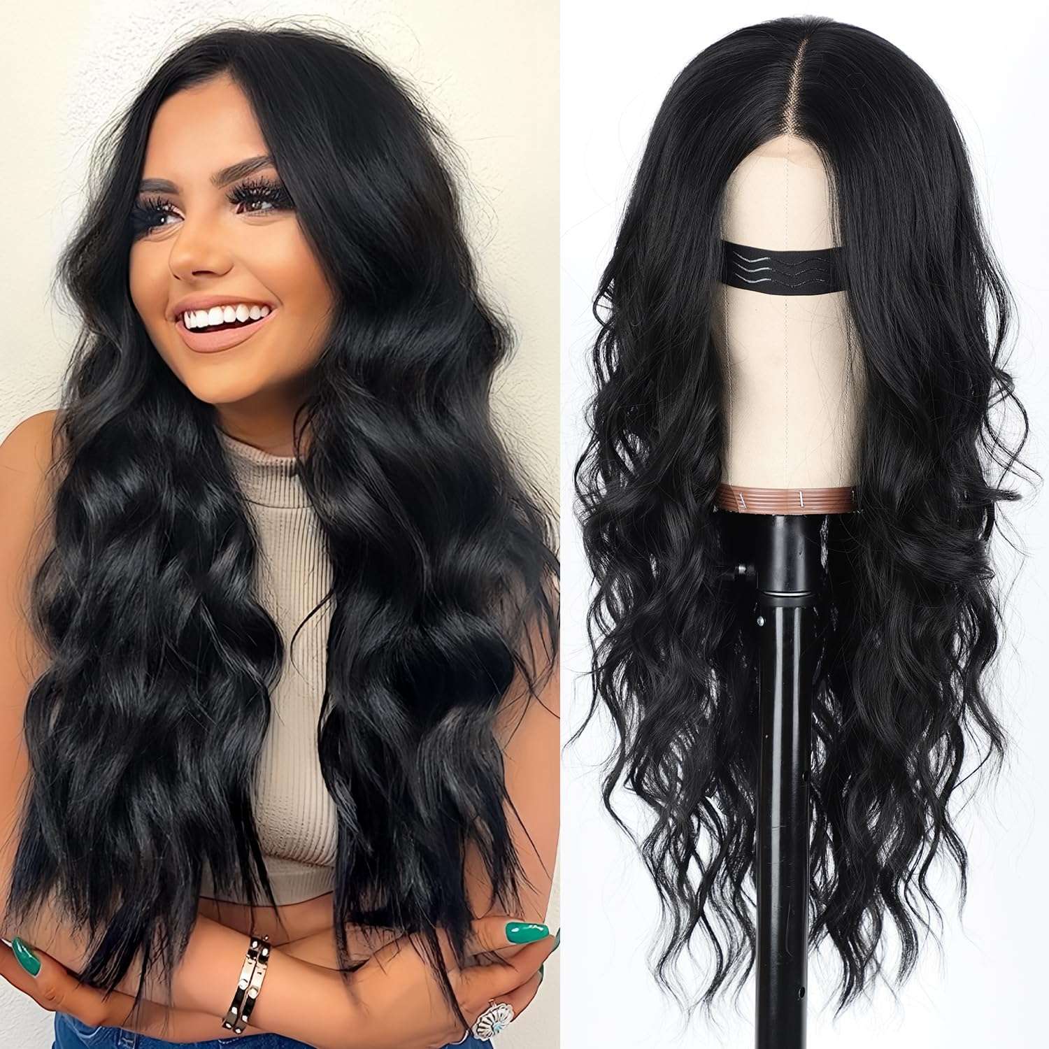 AISI HAIR Black Wig for Women, Long Wavy Lace Hairline Wig, 26 Inch Middle Part Synthetic Heat Resistant Wig for Daily Party