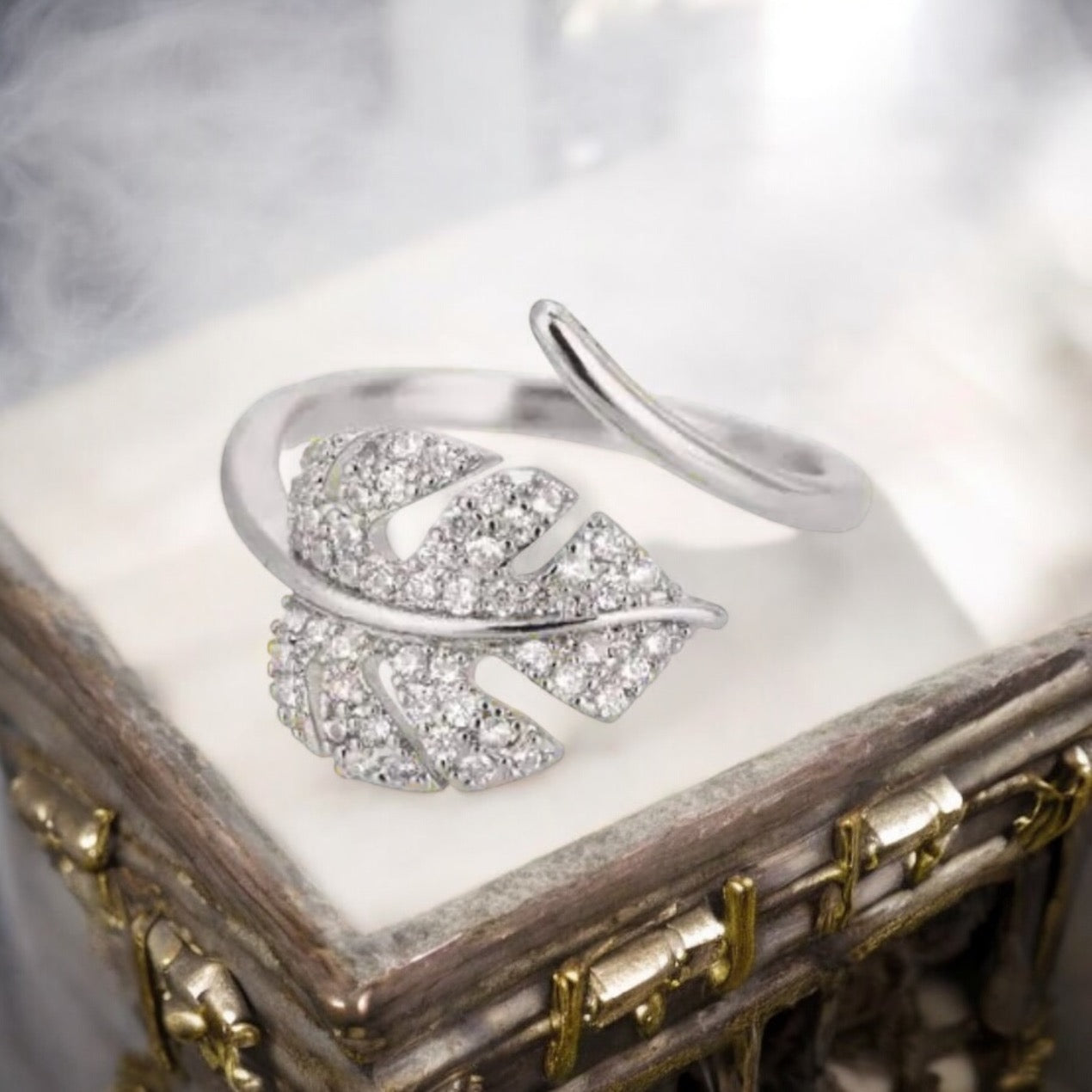 Elegant Gold Leaf Ring with Sparkling Crystals