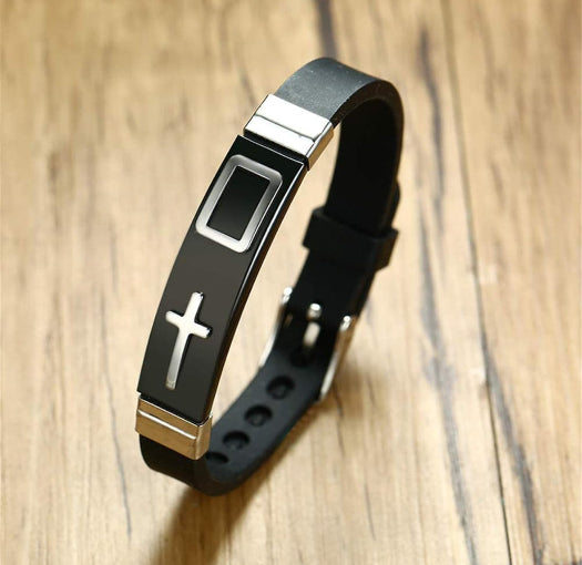 Stainless Steel Cross Bracelet – Adjustable Black Silicone Wristband with Gold & Silver Tone Options
