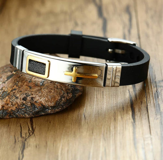 Stainless Steel Cross Bracelet – Adjustable Black Silicone Wristband with Gold & Silver Tone Options