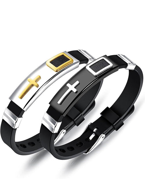 Stainless Steel Cross Bracelet – Adjustable Black Silicone Wristband with Gold & Silver Tone Options