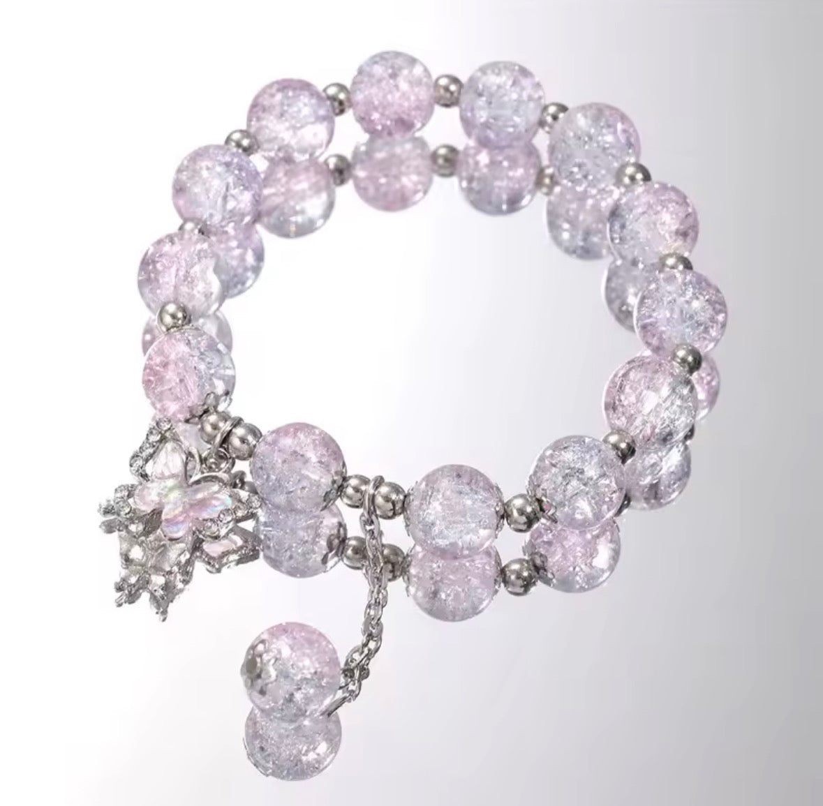 Clear Crystal Bracelet with Gemstone Beads, Butterfly & Heart Charms