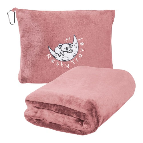 Pink Compact Travel Blanket with Bag – Lightweight Airplane Blanket & Pillow Combo – Portable with Carabiner for Plane, Train, or Car
