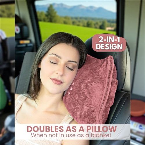 Pink Compact Travel Blanket with Bag – Lightweight Airplane Blanket & Pillow Combo – Portable with Carabiner for Plane, Train, or Car