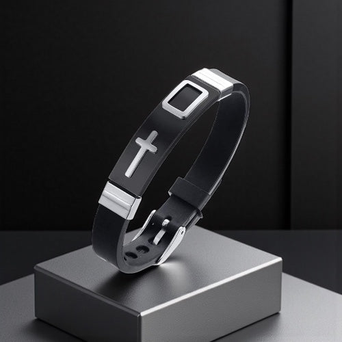 Stainless Steel Cross Bracelet – Adjustable Black Silicone Wristband with Gold & Silver Tone Options