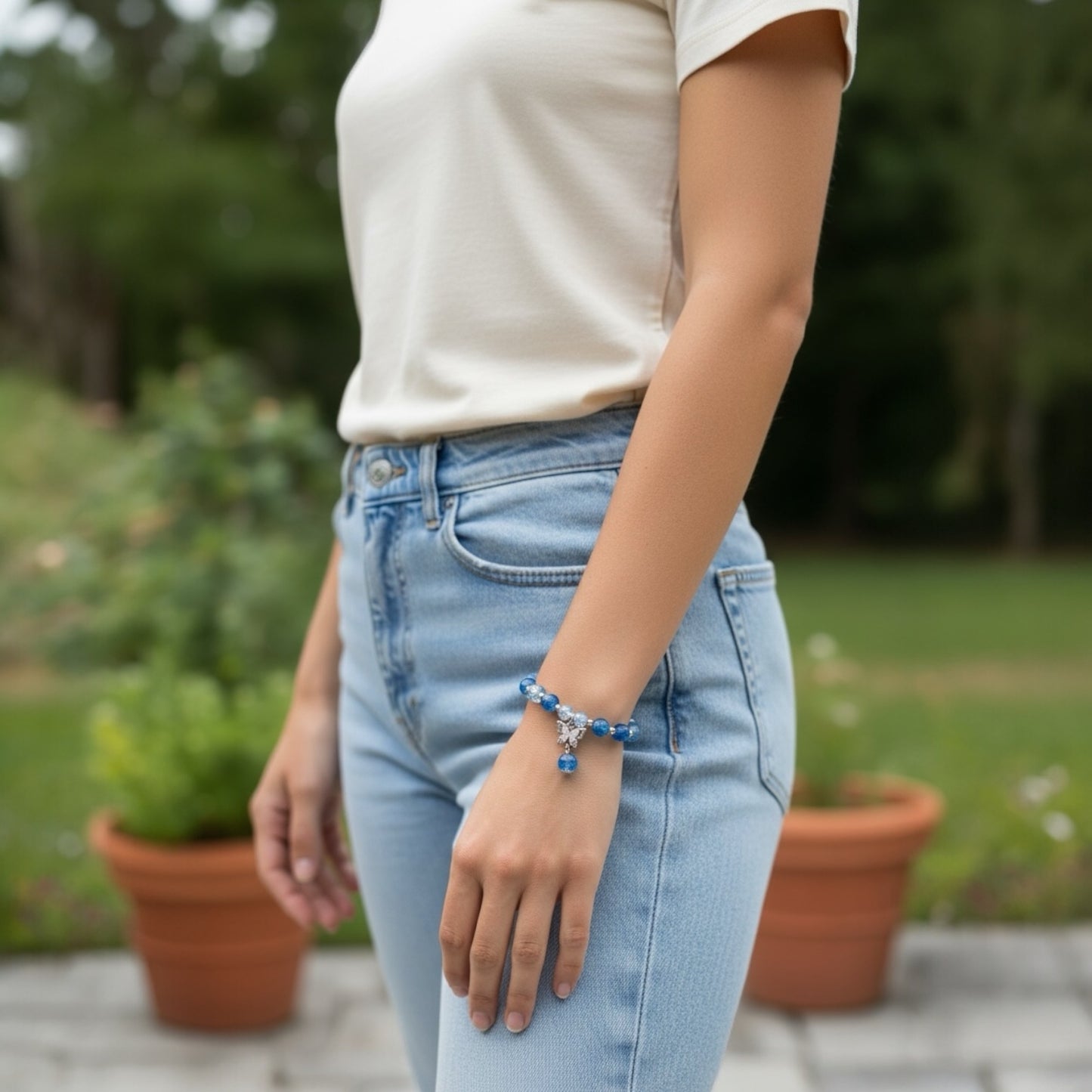 Clear Crystal Bracelet with Gemstone Beads, Butterfly & Heart Charms