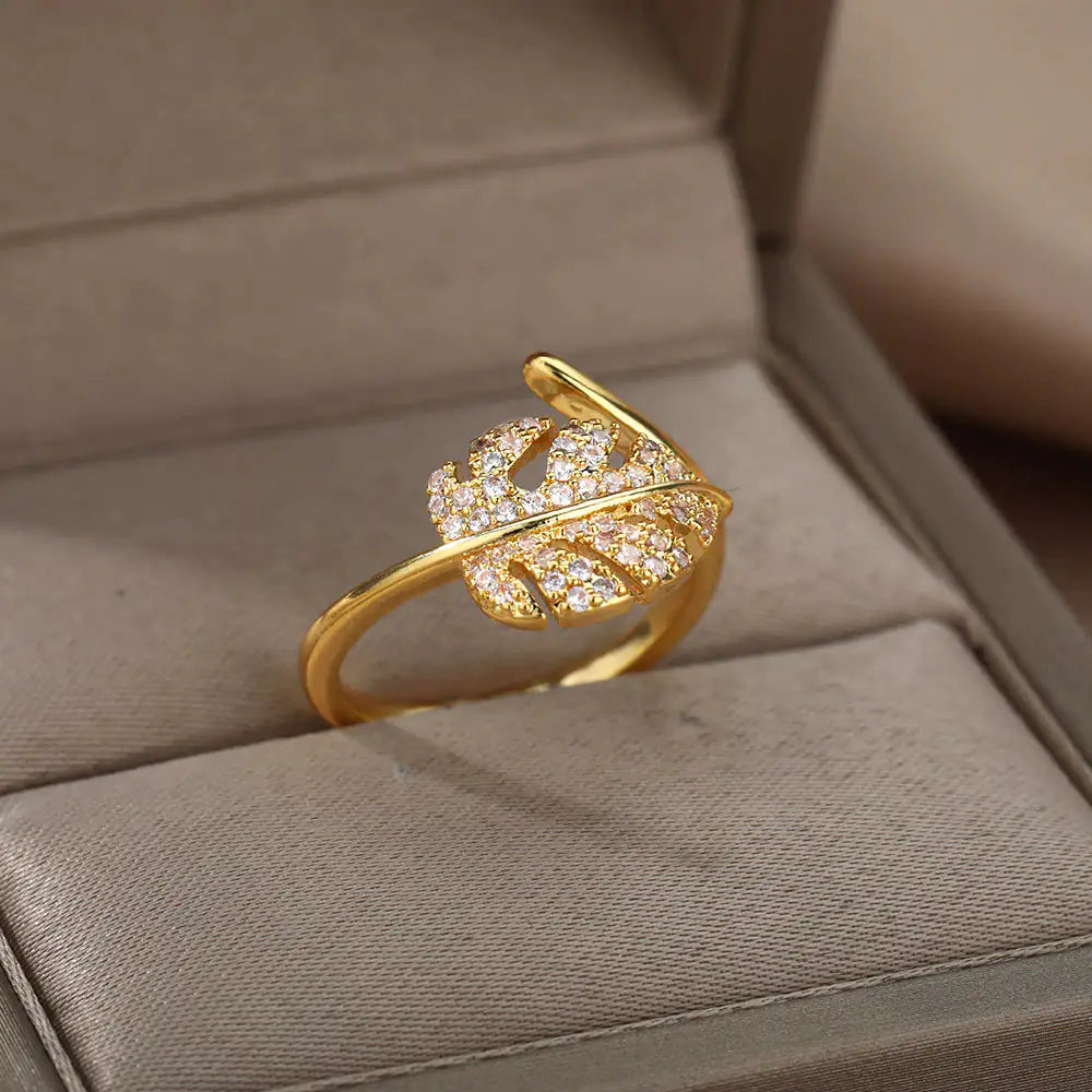 Elegant Gold Leaf Ring with Sparkling Crystals