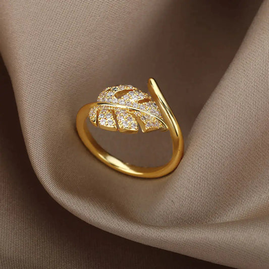 Elegant Gold Leaf Ring with Sparkling Crystals